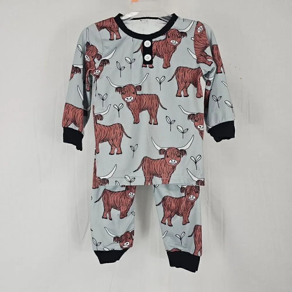 Highland Cow Pajama Blue/gray With Black Trim Brown Cow Print Pajama Set Size 92